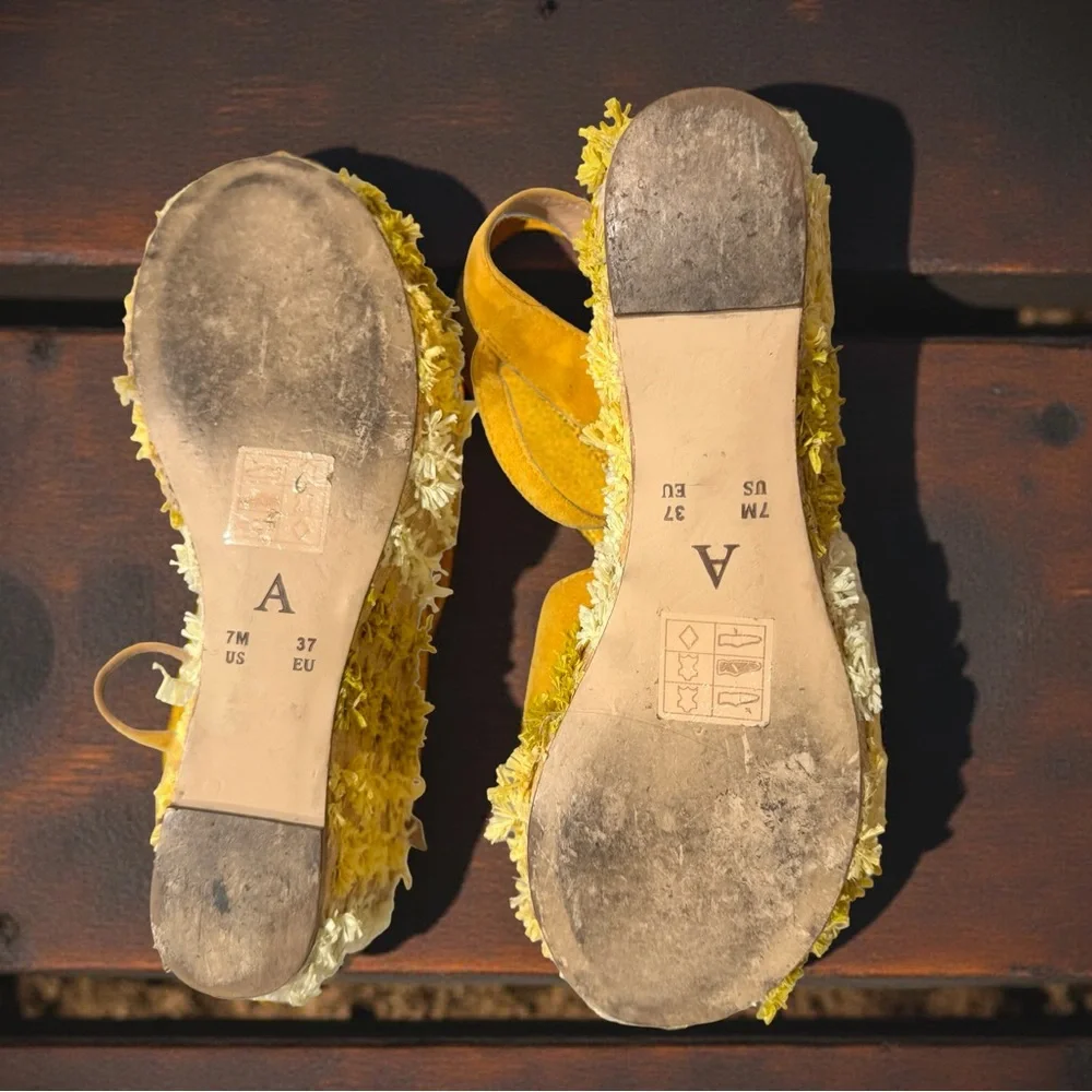 Anthropologie Floral Platform Wedge Sandals Yellow Embellished - Picture 5 of 5